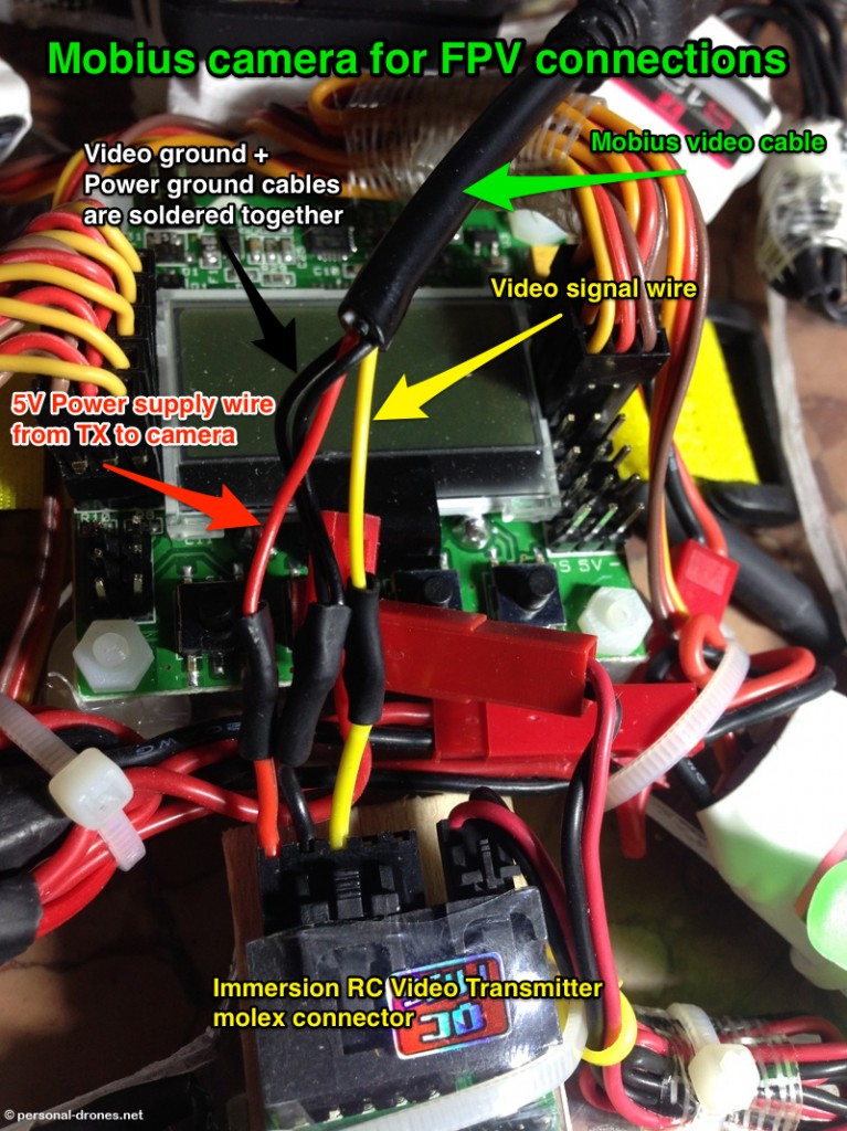 Another example of setup for the mobius camera for FPV in which the wires were soldered directly and the power wires were connected in addition to the video wires