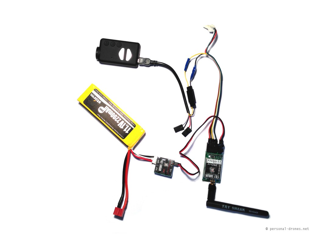 Mobius camera connected to the FatShark 250mW video transmitter, custom setup