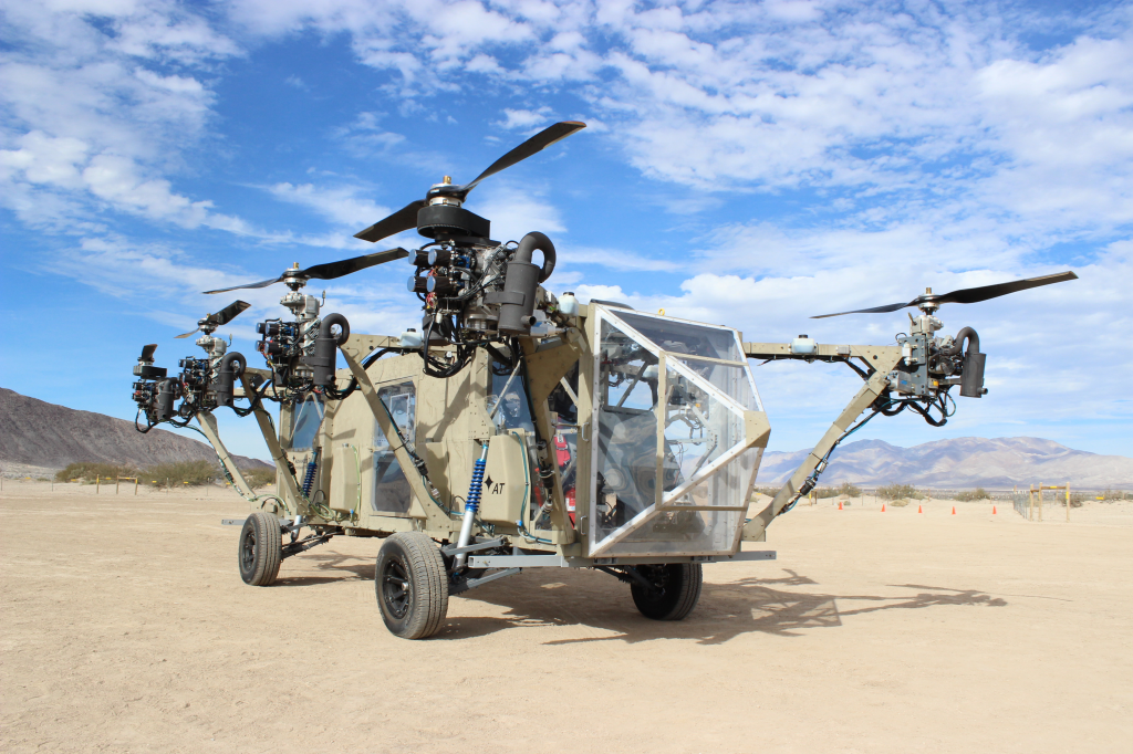 The AT Black Knight Transformer, the world’s first roadable VTOL aircraft. It is designed to be a low-cost rapid response ambulance to evacuate wounded soldiers from the battlefield or transport cargo.