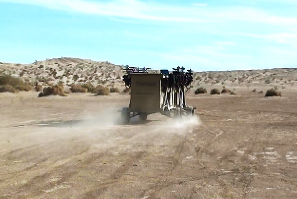 AT Black Knight Transformer technology demonstrator during driving tests. The engines are stowed along the side of the vehicle to reach a street-legal width.