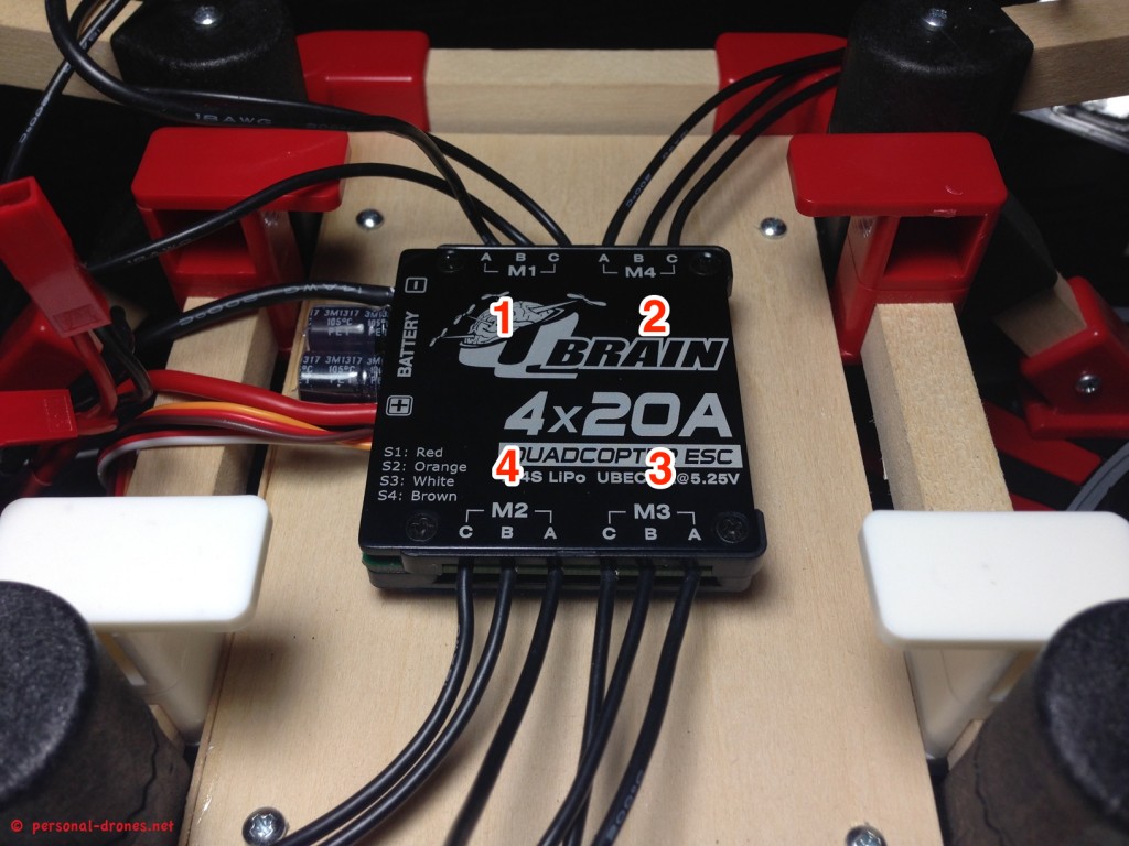 Hobbyking Q Brain 20A ESC block fitted to a quadlugs 480 frame. Motor numbering, as used in the KK2 board, is annotated in red, while the ESC numering can be read on the ESC block itself and M1, M2 etc..