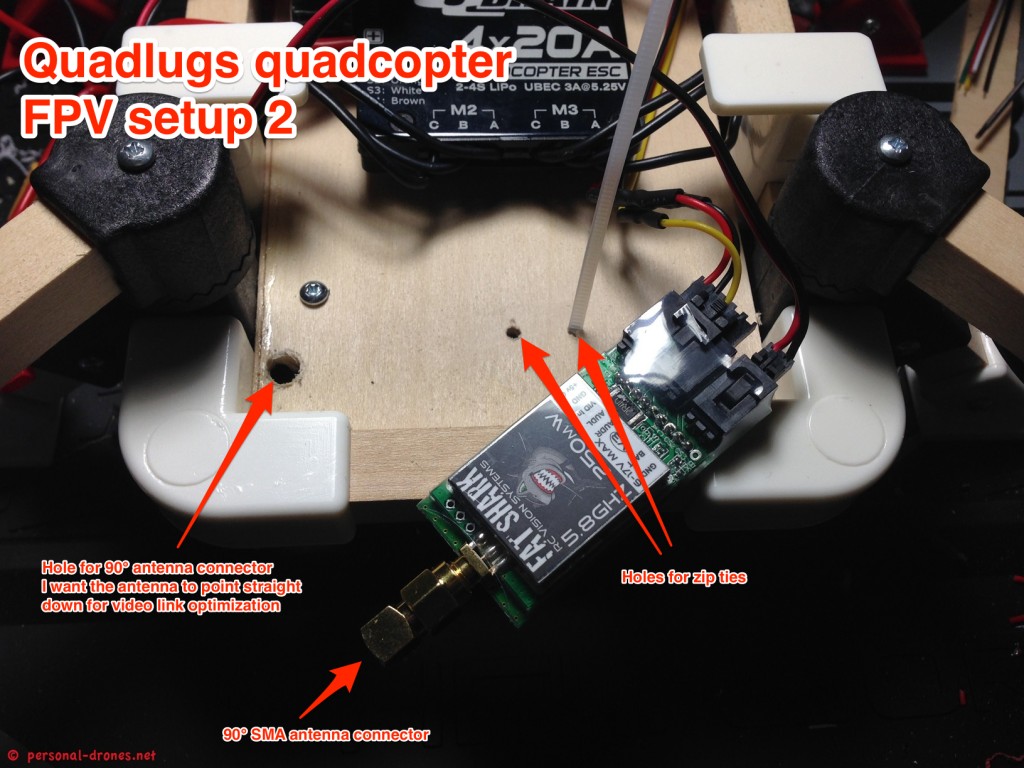 Quadlugs quadcopter FPV setup 2, preparing for attaching the video transmitter and antenna