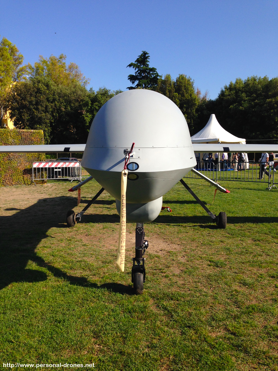 "Remove before flight" tag on the front of the predator drone