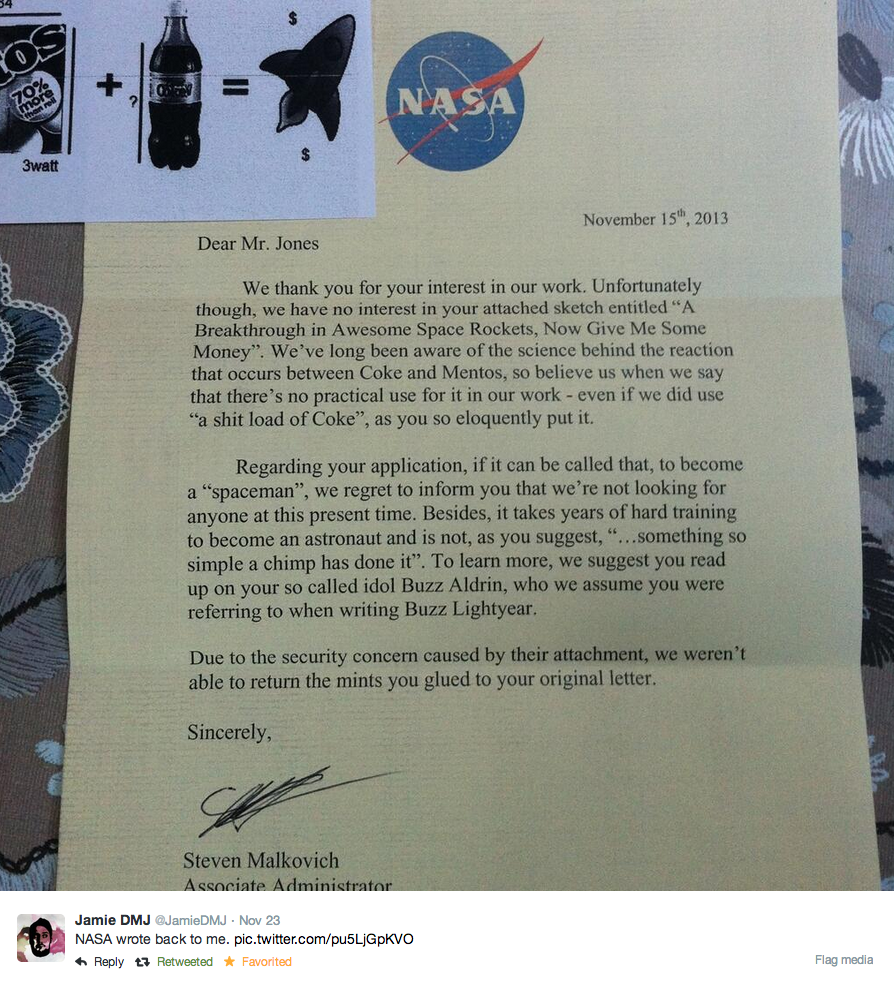 The tweet in which user Jamie DMJ shares NASA's reply to his application